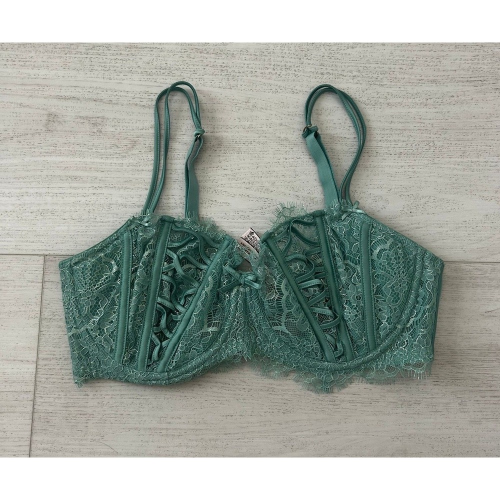 Victoria's Secret Dream Angels Push-up w/o‎ Padding Bra 36D Green Shimmery Lace